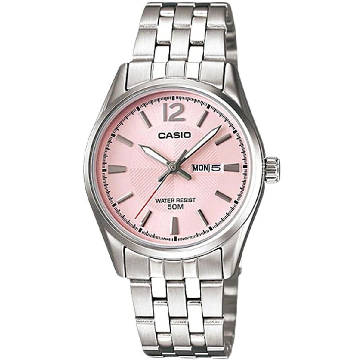 Casio LTP1335D-5AV Women`s Standard Stainless Steel Day Date Pink Dial Watch - Dial: Pink, Band: Silver, Bezel: Silver