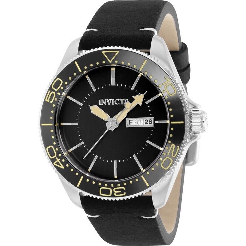 Invicta Pro Diver Gold 38657 Quartz 42Mm Black Leather Date Men`s Watch
