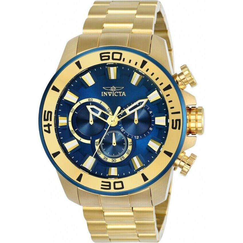 Invicta Men`s Pro Diver Chronograph 48mm Blue Dial Stainless Steel Band Watch - Dial: Blue, Band: Gold, Bezel: Black, Blue, Gold