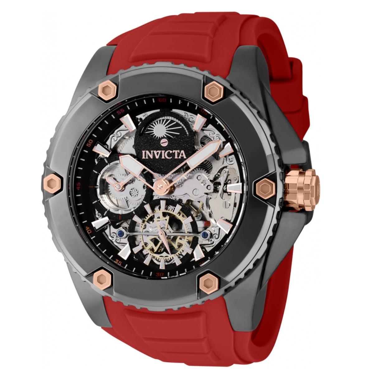 Invicta Akula Automatic Men`s 51mm Dual Time Skeleton Dial Gunmetal Watch 42768 - Dial: Black, Silver, White, Band: Red, Bezel: Gray, Gunmetal, Rose Gold