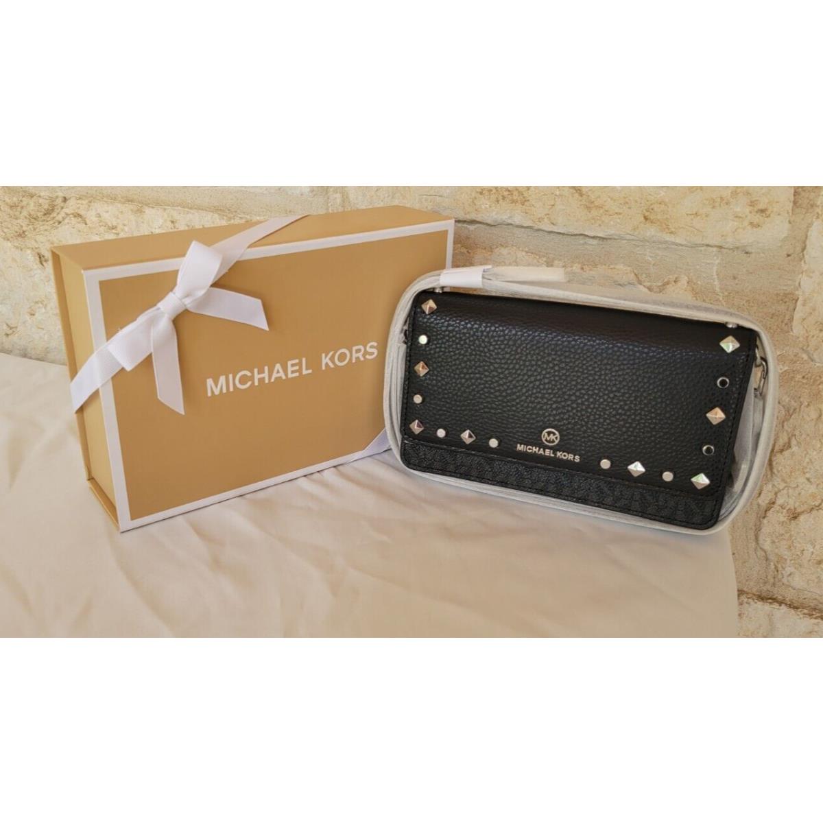 Michael Kors Jet Set Small Leather/logo Crossbody Bag Black Silver Studded