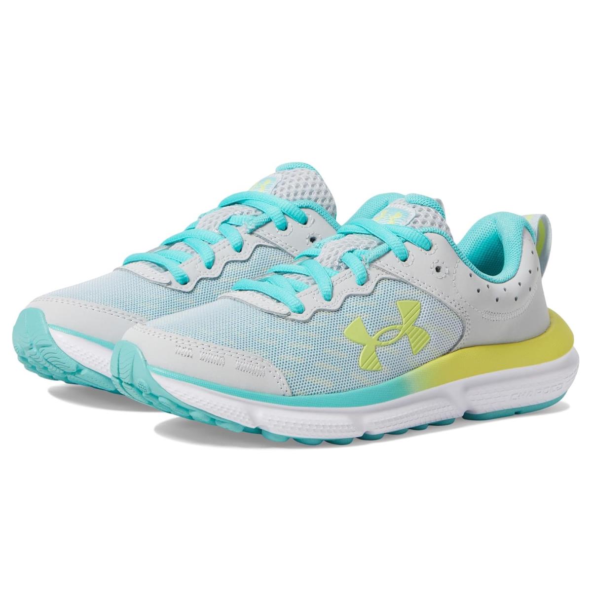 Girl`s Sneakers Athletic Shoes Under Armour Kids Assert 10 Big Kid Halo Gray/Radial Turquoise/Sonic Yellow