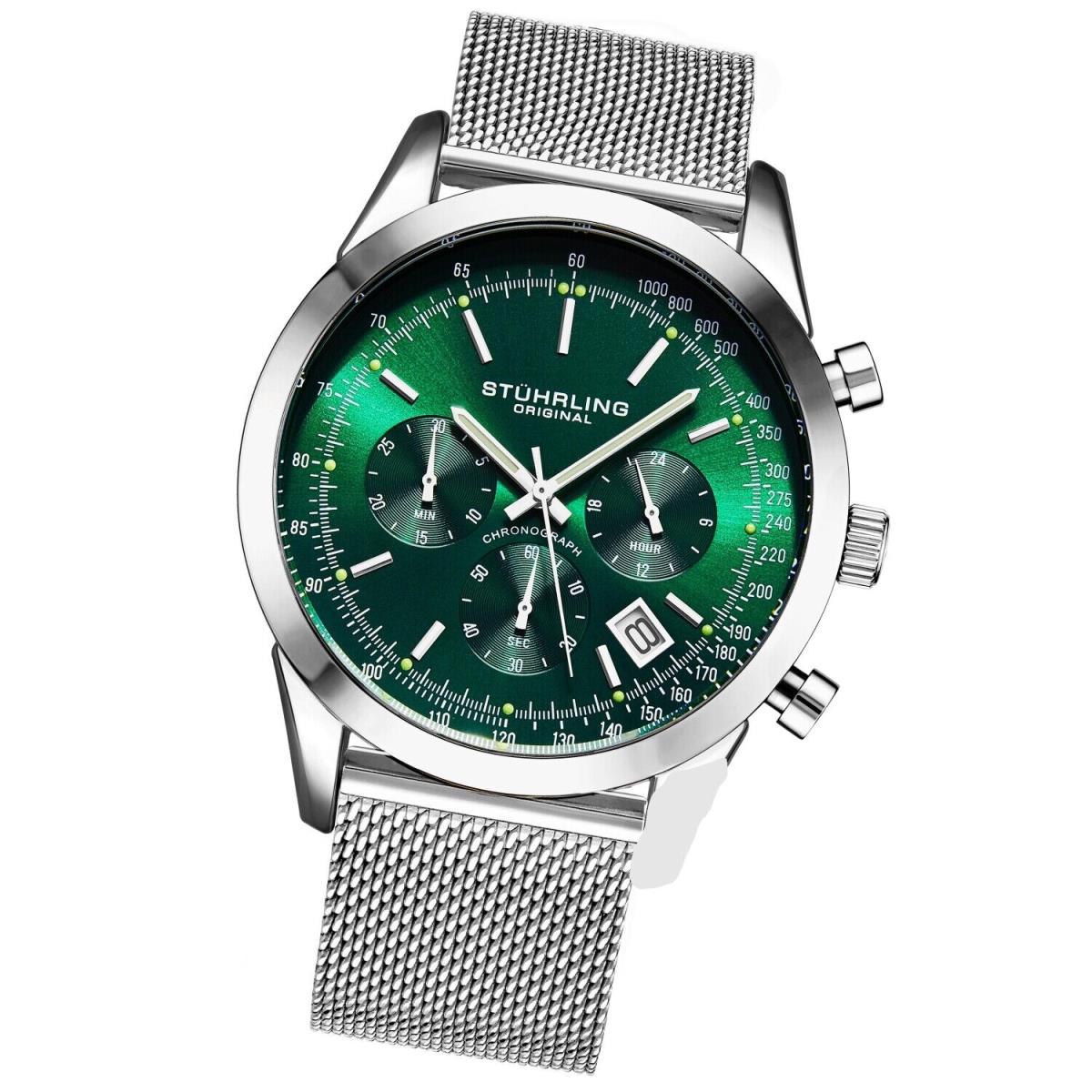 Stuhrling 3975 9 Preston Monaco Green Quartz Chronograph Date Mens Watch - Dial: Green, Band: Silver, Bezel: Silver