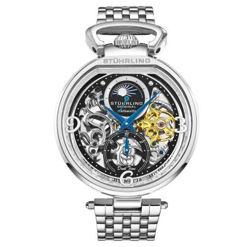 Stuhrling 4032 1 Modena Legacy Automatic Dual Time Skeleton Am/pm Mens Watch - Band: Silver, Bezel: Silver