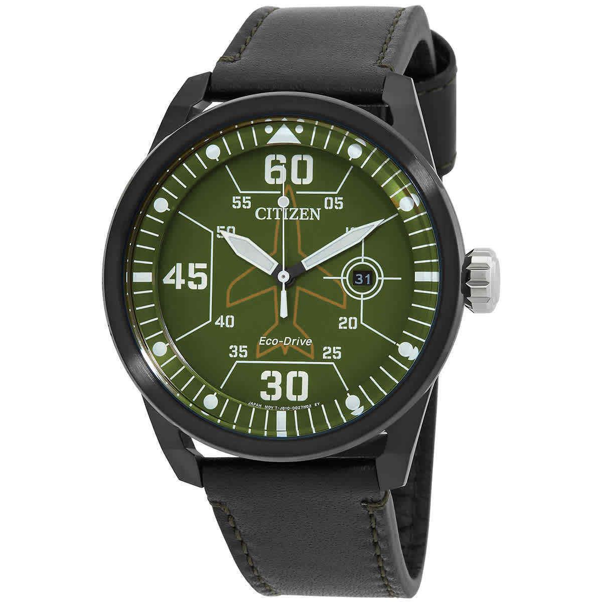 Citizen Avion Eco-drive Green Dial Men`s Watch AW1735-03X - Dial: Green, Band: Black, Bezel: Black