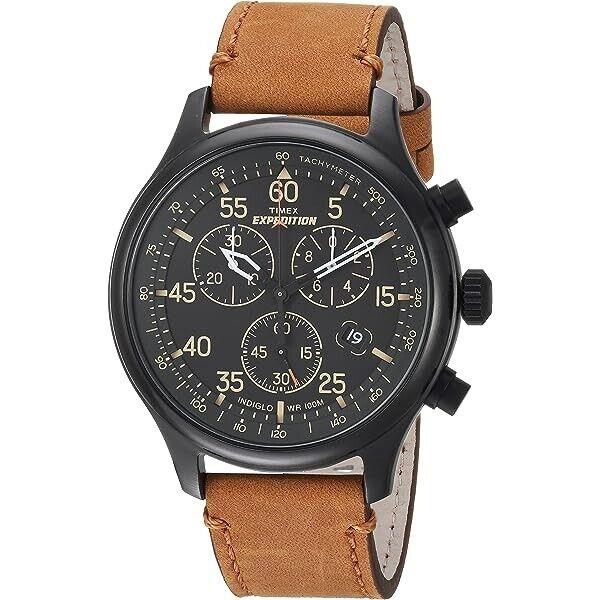 Timex Expedition Field Brown Leather Chronograph 43mm Men`s Watch TW4B12300