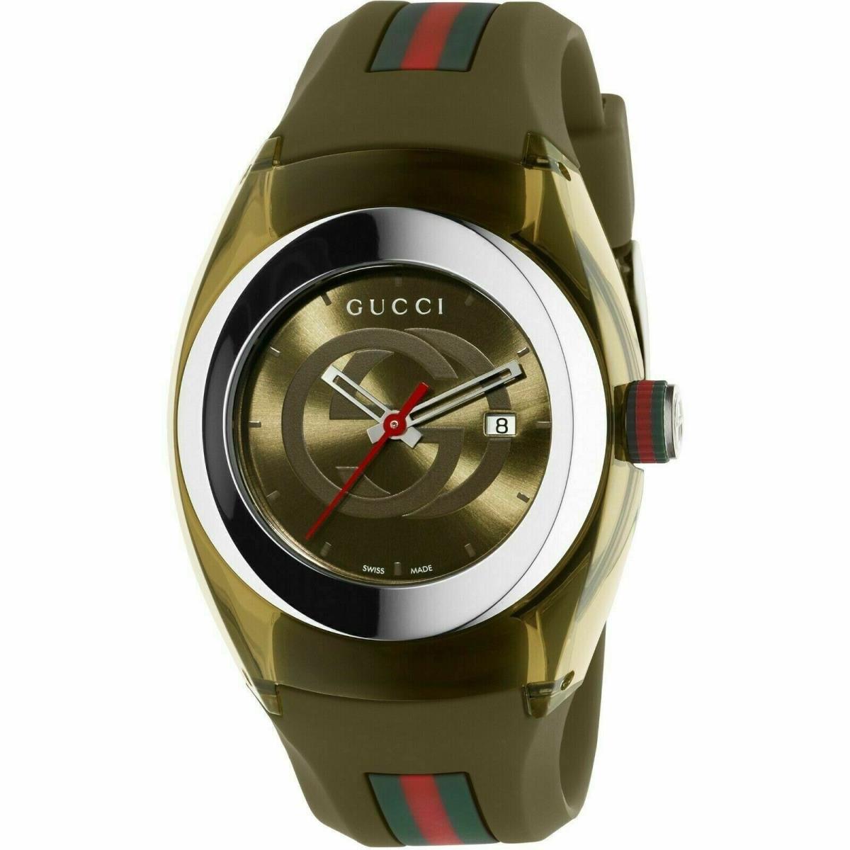 Gucci Sync Xxl YA137106 Men`s Khaki Dial Transparent Case Rubber Strap Watch