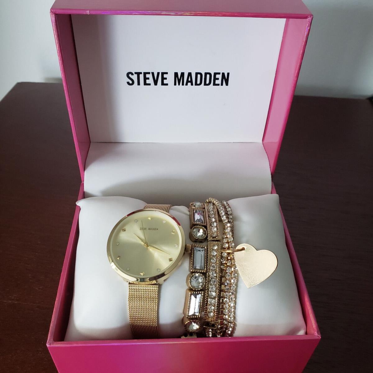 Steve Madden Watch Trio Bracelet Gift Set Gold Tone Metallic Mesh Strap