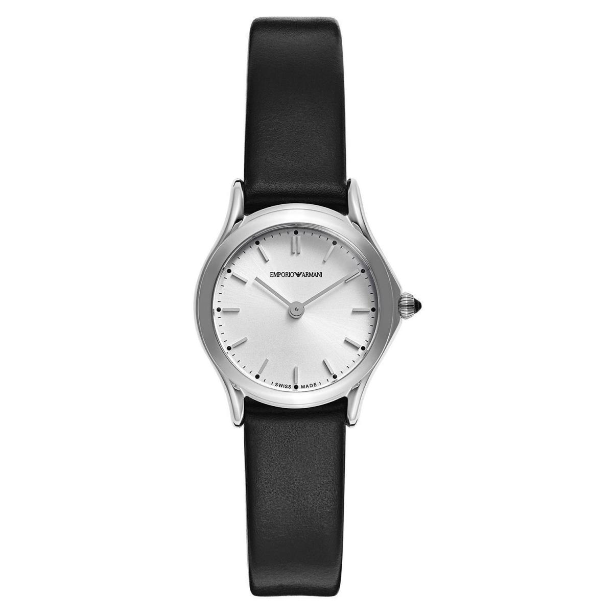 Emporio Armani Women s Silver Dial Black Leather Watch - ARS7200