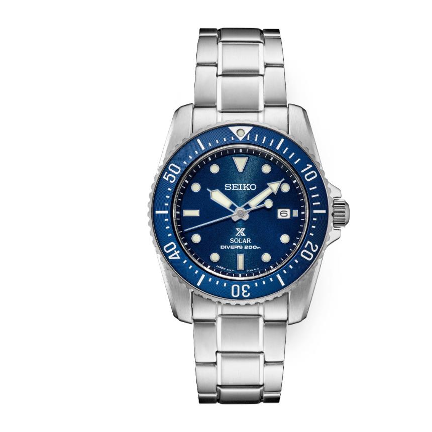 Seiko Prospex SNE585 Solar-powered Men`s Diver`s Watch - Dial: Blue, Band: Silver, Bezel: Blue