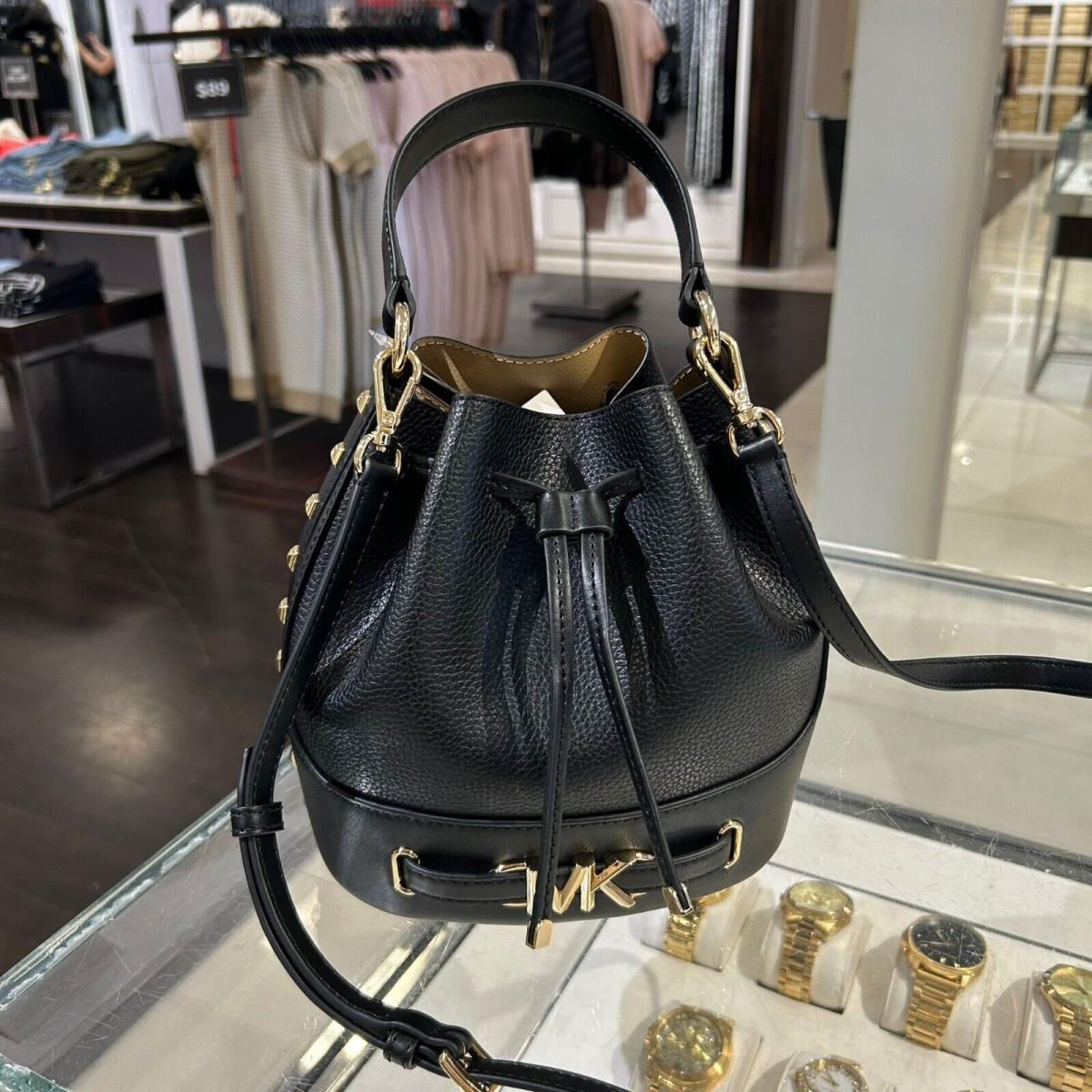 Michael Kors Reed Medium Drawstring Bucket Messenger Handbag Purse Bag Crossbody BLACK LEATHER