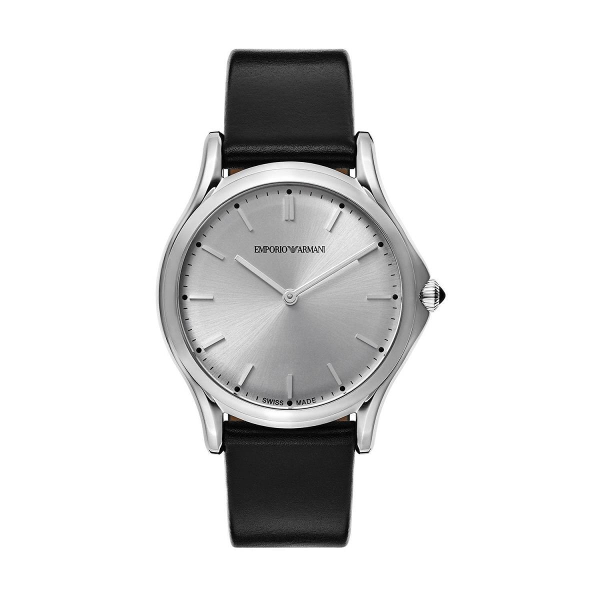 Emporio Armani Men s Silver Dial Black Leather Strap Watch - ARS2002