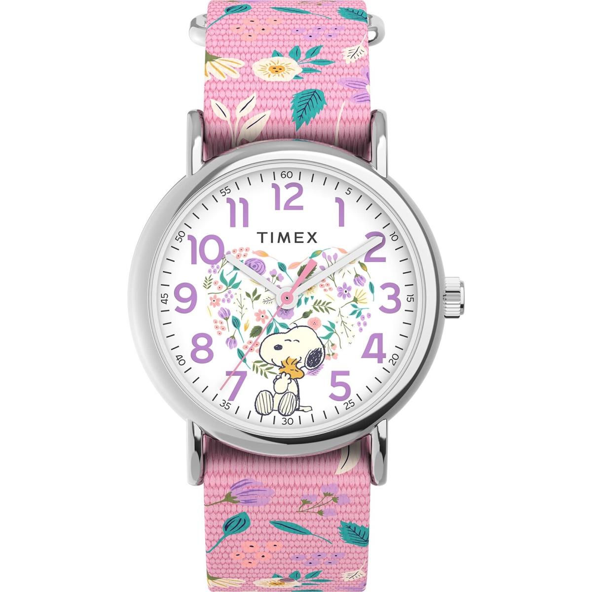 Timex X Peanuts TW2V77800 Women`s Weekender Pink Strap White Dial Watch