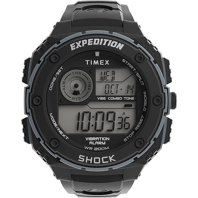 Timex Men`s Expedition Vibe Shock Black Watch Chronograph Indiglo Alarm 200M WR