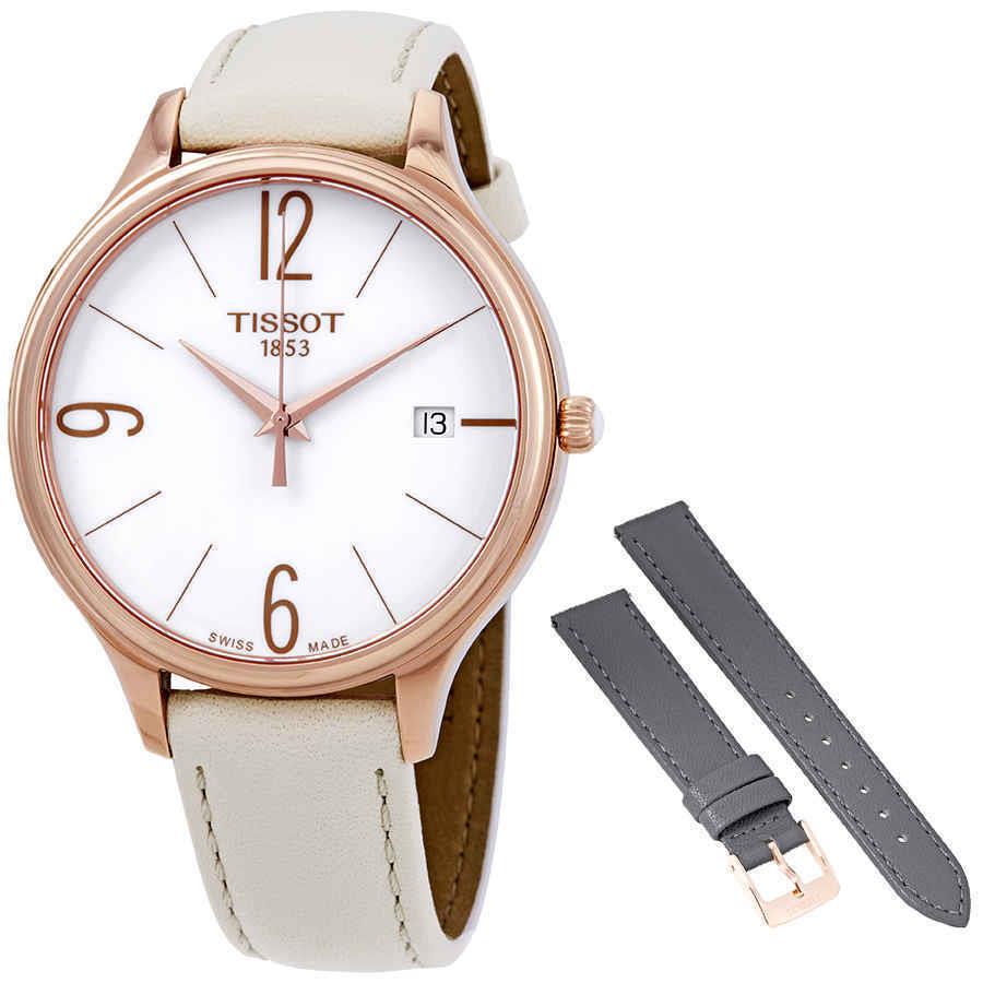 Tissot Bella Ora White Dial White Leather Ladies Watch T103.210.36.017.00 - Dial: White, Band: Gray, Bezel: Pink