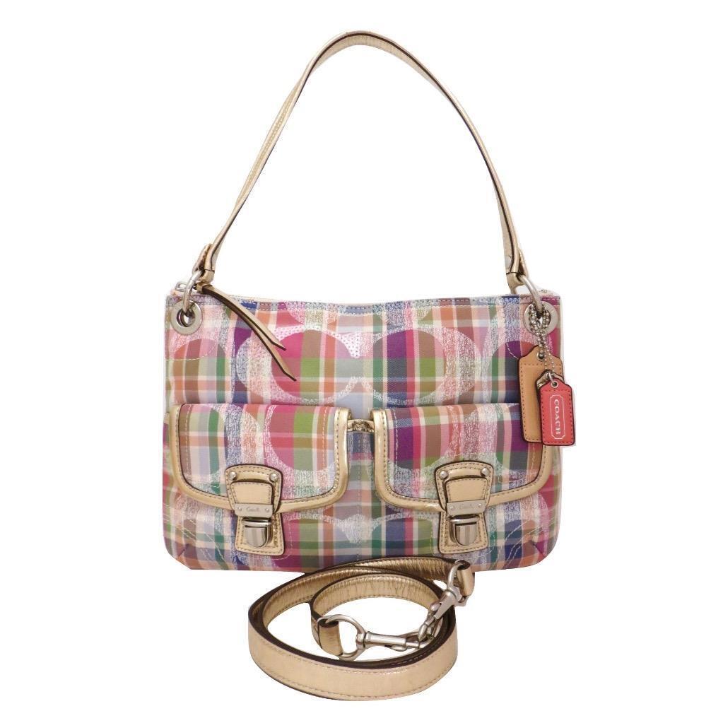 Coach Poppy Madras Plaid Sequined Pink Colorful Hippie Crossbody Purse 19610