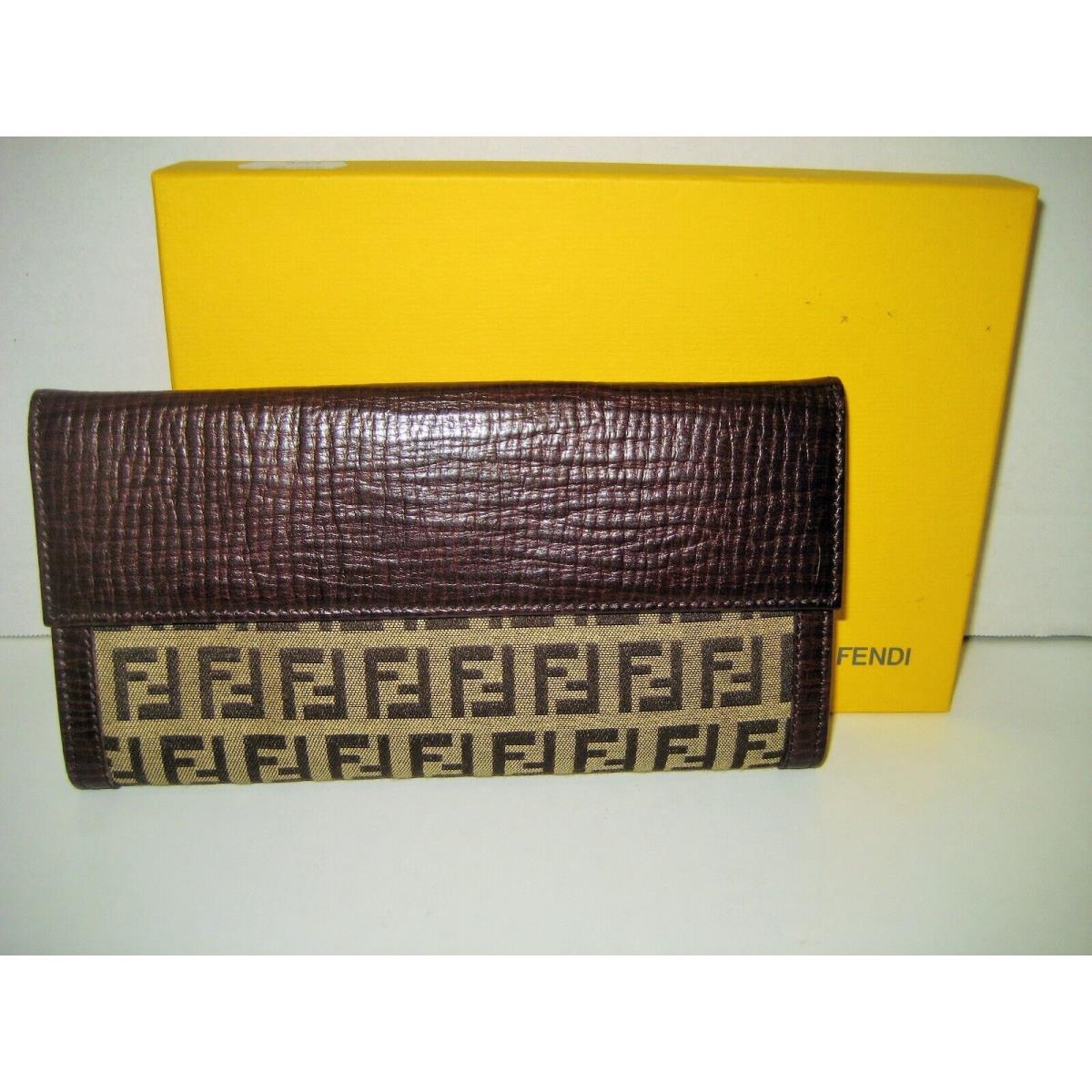 Fendi Brown FF Large Logo Leather Continental Credit Card Case Wallet Clutch