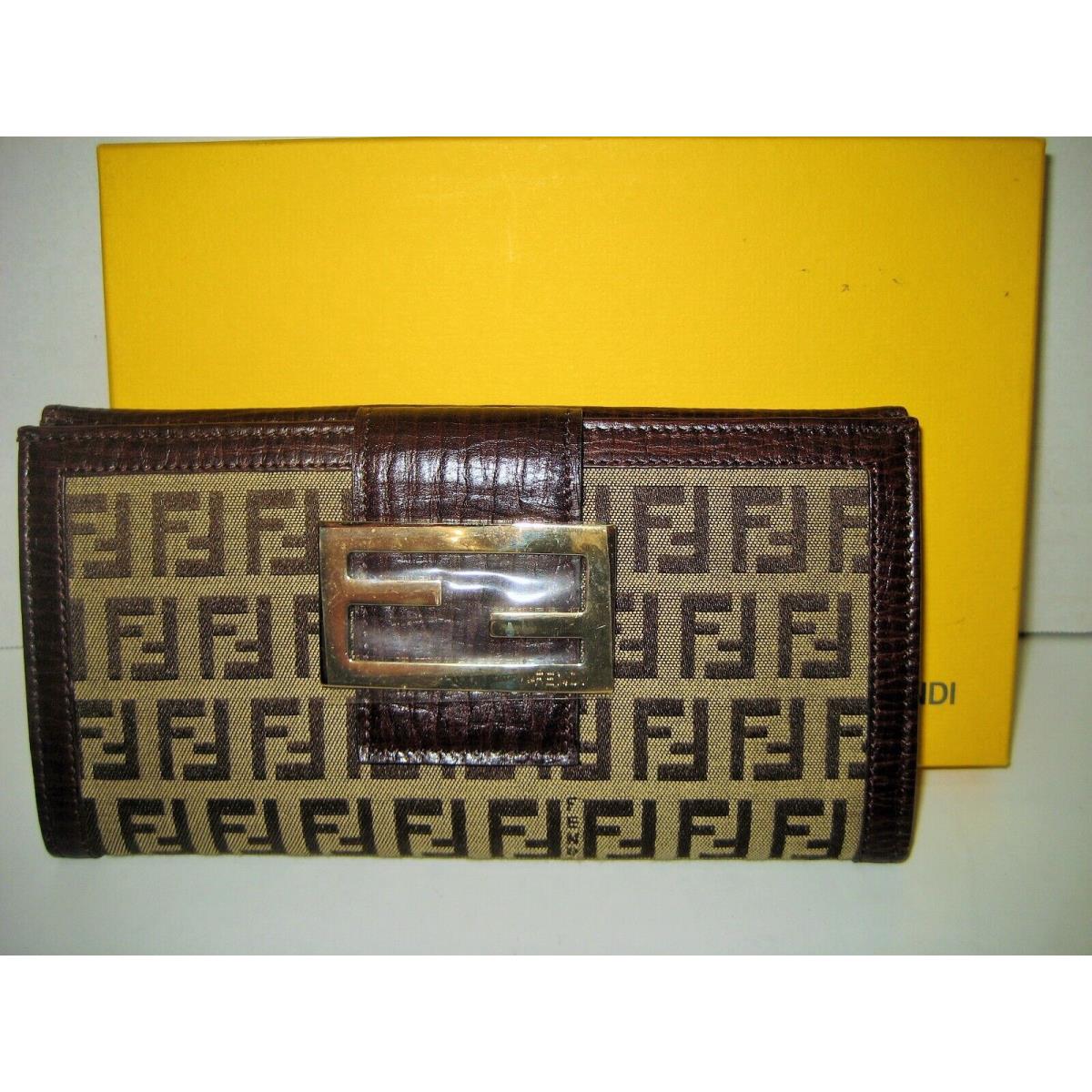 Fendi Brown FF Large Logo Leather Continental Credit Card Case Wallet Clutch