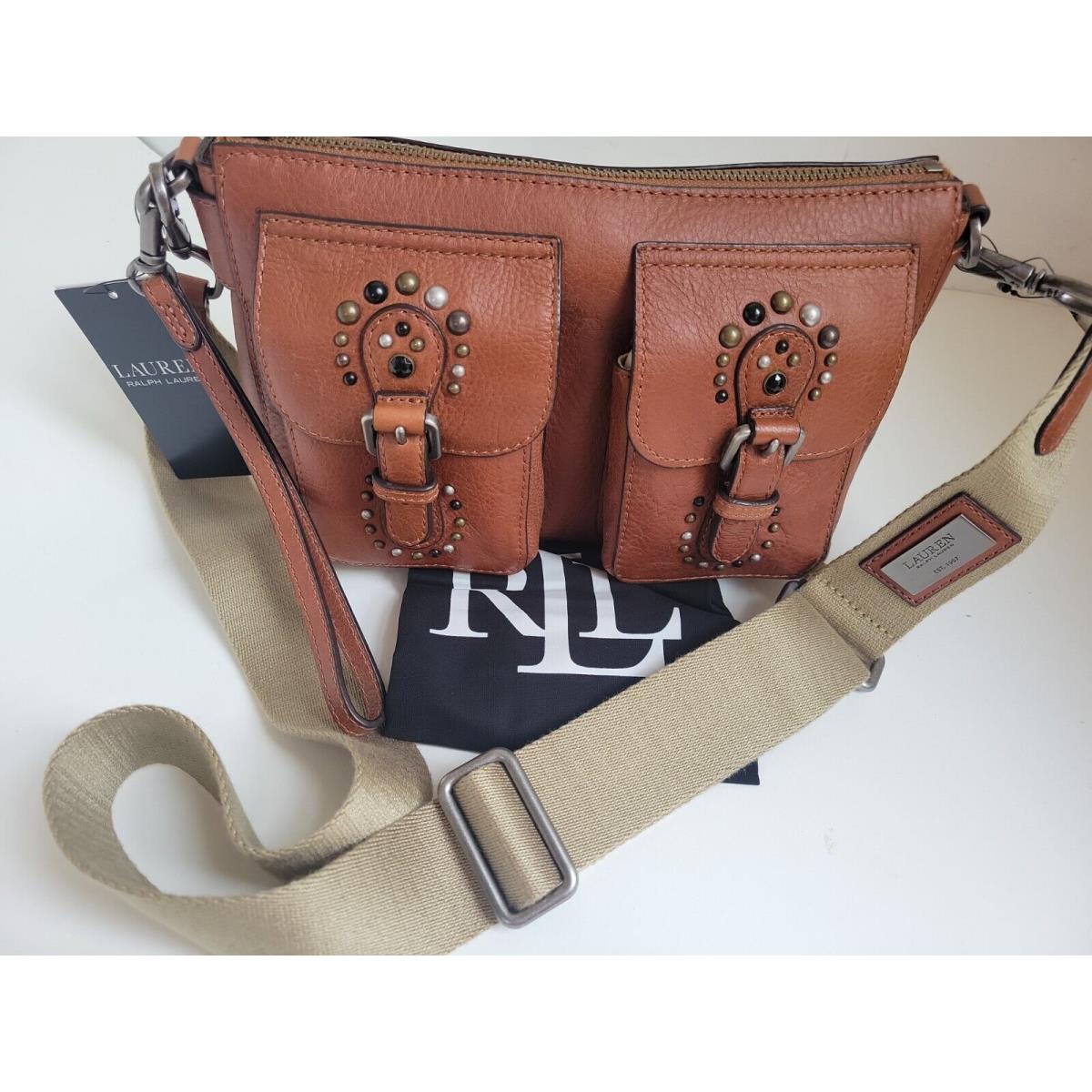 Lauren Ralph Lauren Studded Tan Sm Leather Noa X-body Bag Front Pockets