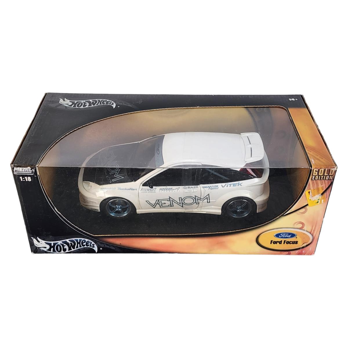 Hot Wheels Gold Ford Focus ZX3 Coupe Venom Tuner White W/black G4787 1/18 Nice