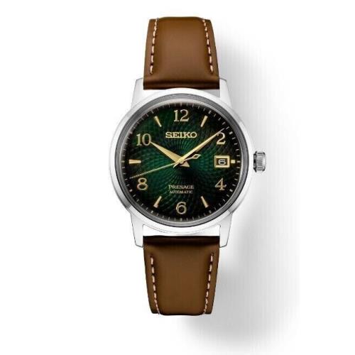 Seiko Men`s Presage Automatic Green Dial Brown Leather Strap Watch SRPE45 - Dial: Green, Band: Brown