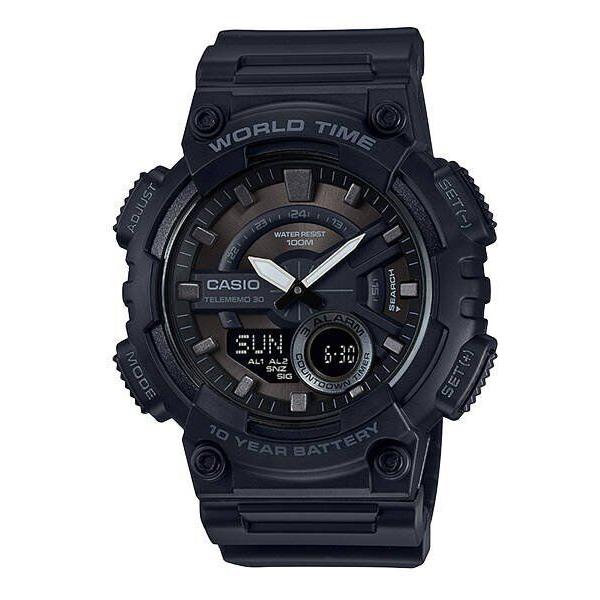 Casio AEQ-100W-1BV Mens Black 100M World Time Digital/ Analog Sports Watch