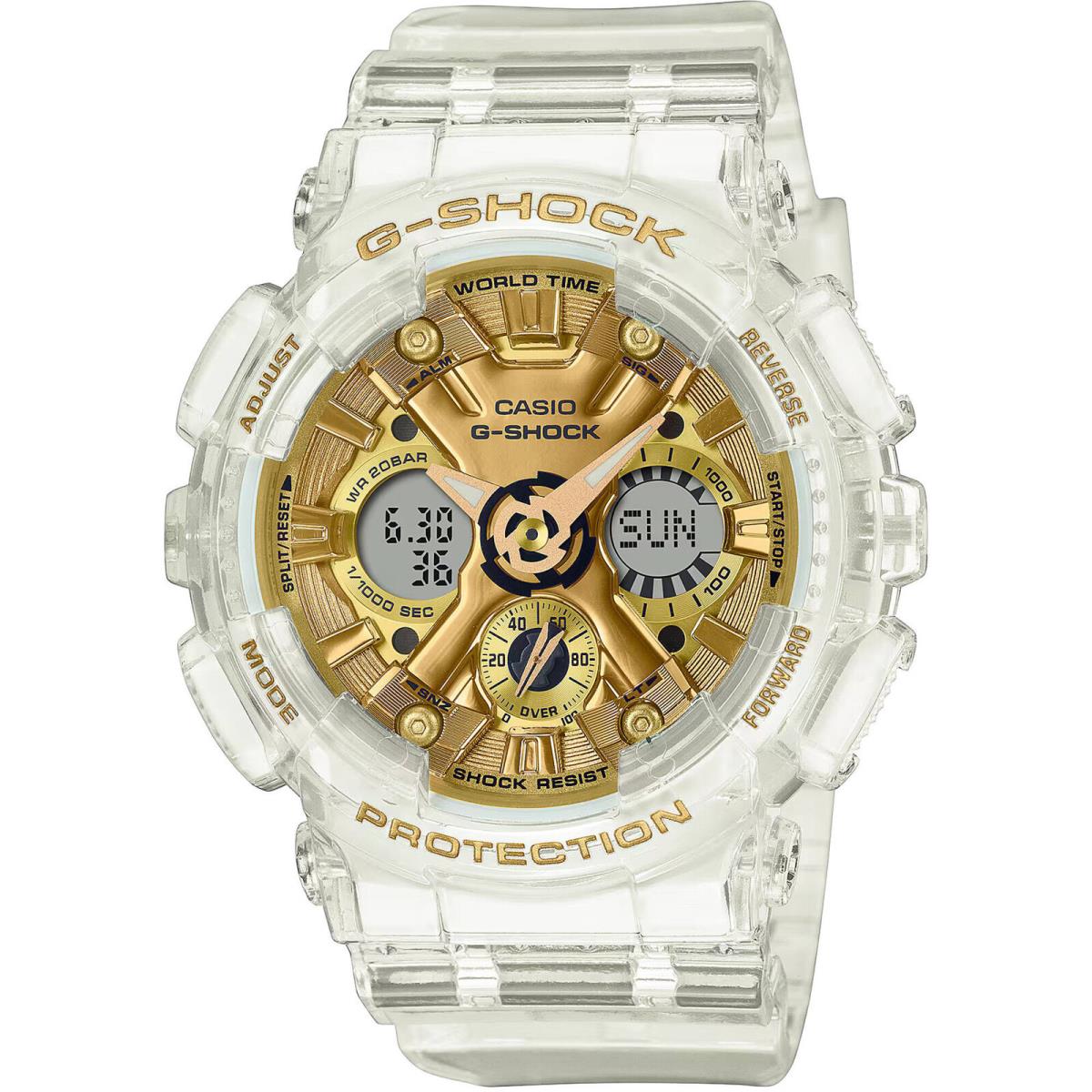 Casio Women`s Watch G-shock Alarm White Resin Strap Analog-digital GMAS120SG-7A - Dial: Gold, Grey, Band: White