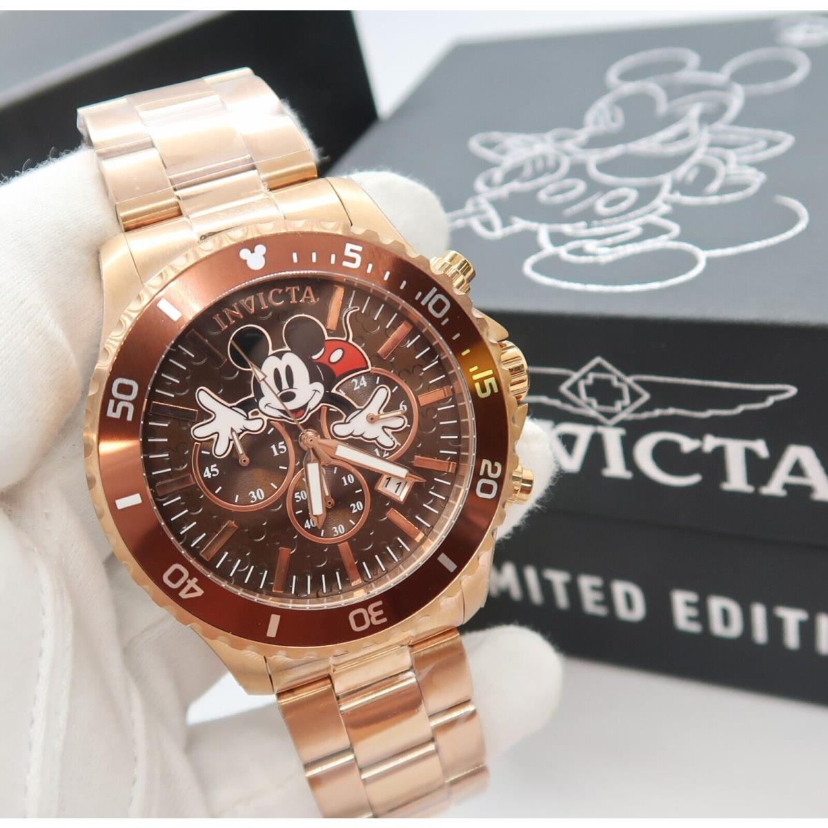 Mickey Mouse Invicta 48mm Chronograph W/box Big Mens Character Watch R25-40 - Dial: Bronze, Band: rose gold, Bezel: Rose Gold