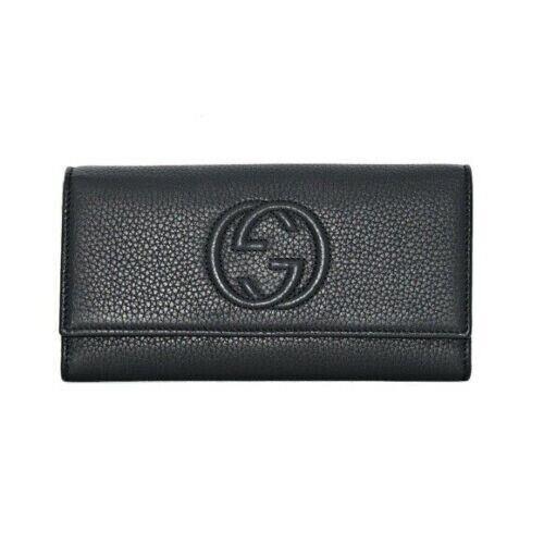 Gucci Soho Leather Black Long Wallet Flap GG Large Snap Italy Pebble - Black