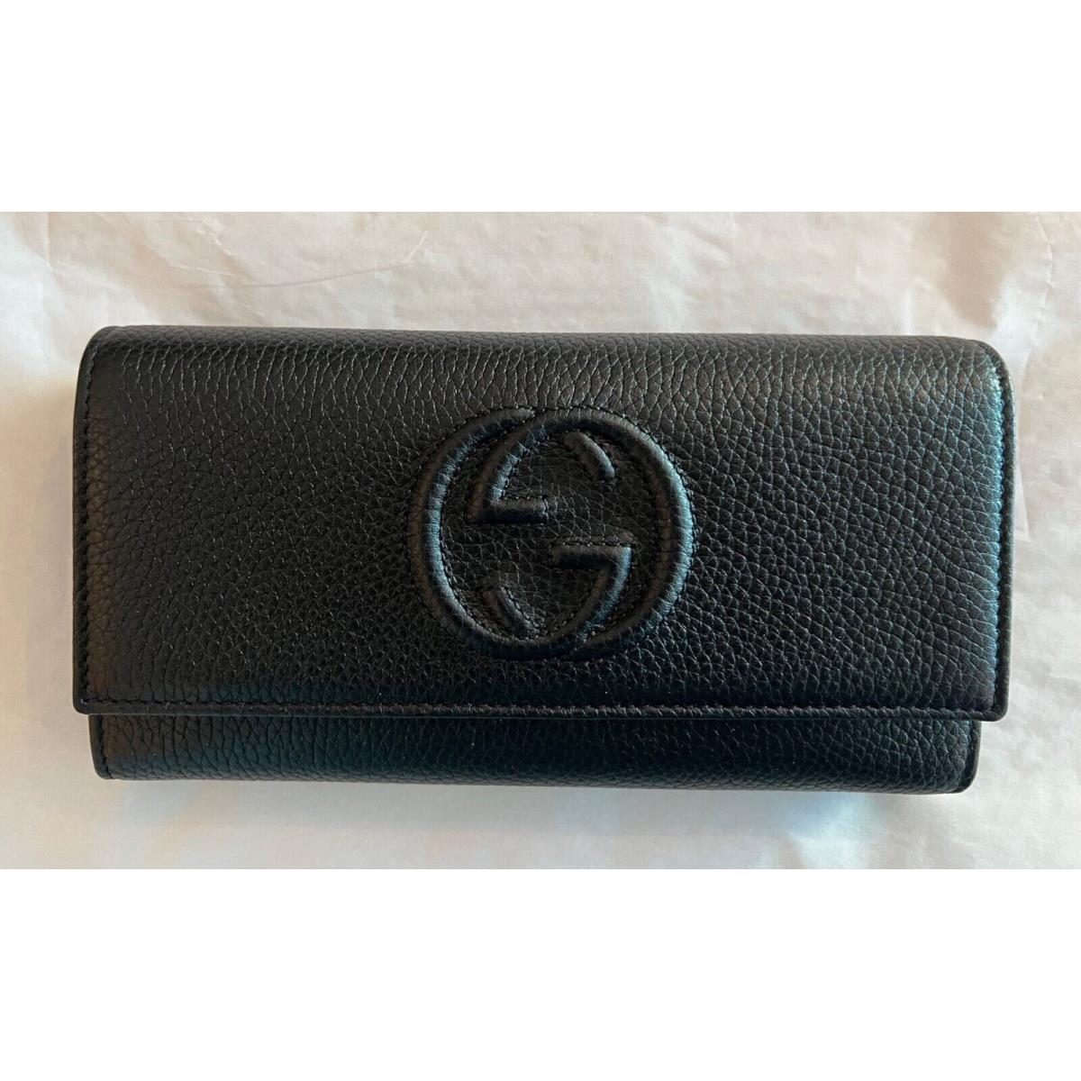 Gucci Soho Leather Black Long Wallet Flap Large Snap Italy Pebble
