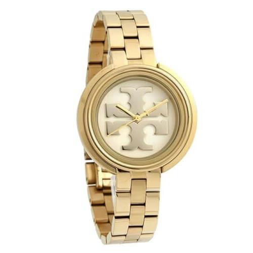 Tory Burch TBW6208 Miller Womens Gold Dress Watch White Logo Dial Stainless Band