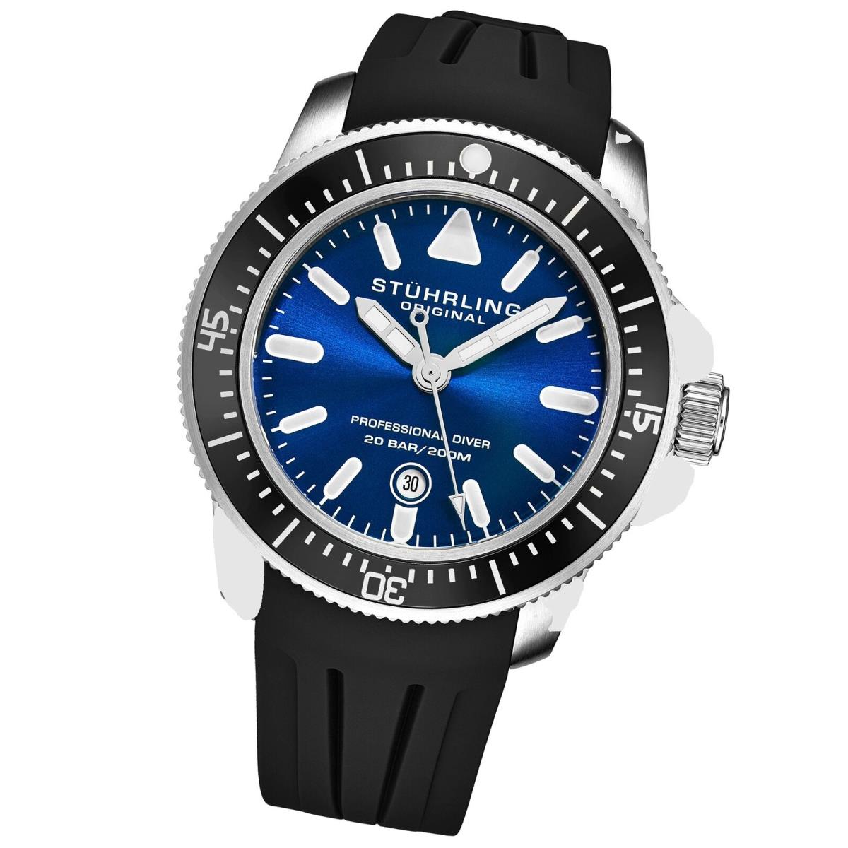 Stuhrling 935 02 Pro Sport Diver Maritimer Black Rubber Blue Dial Mens Watch