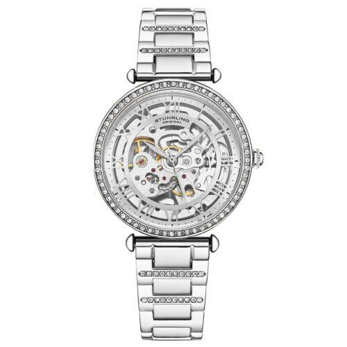 Stuhrling 4023 1 Automatic Skeleton Crystal Accented Bracelet Womens Watch - Dial: Silver, Band: Silver, Bezel: Silver