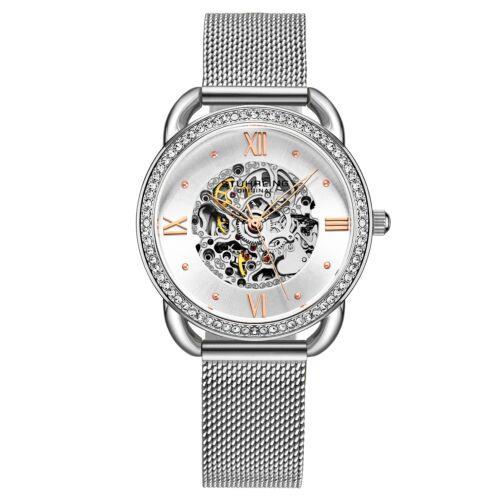 Stuhrling 3991M 1 Automatic Skeleton Crystal Accented Mesh Bracelet Womens Watch - Dial: Silver, Band: Silver, Bezel: Silver