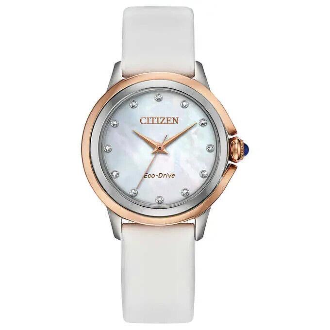 Citizen Ladies EM0799-00D Ceci Diamond Accented Watch w/ Mop Dial White Band