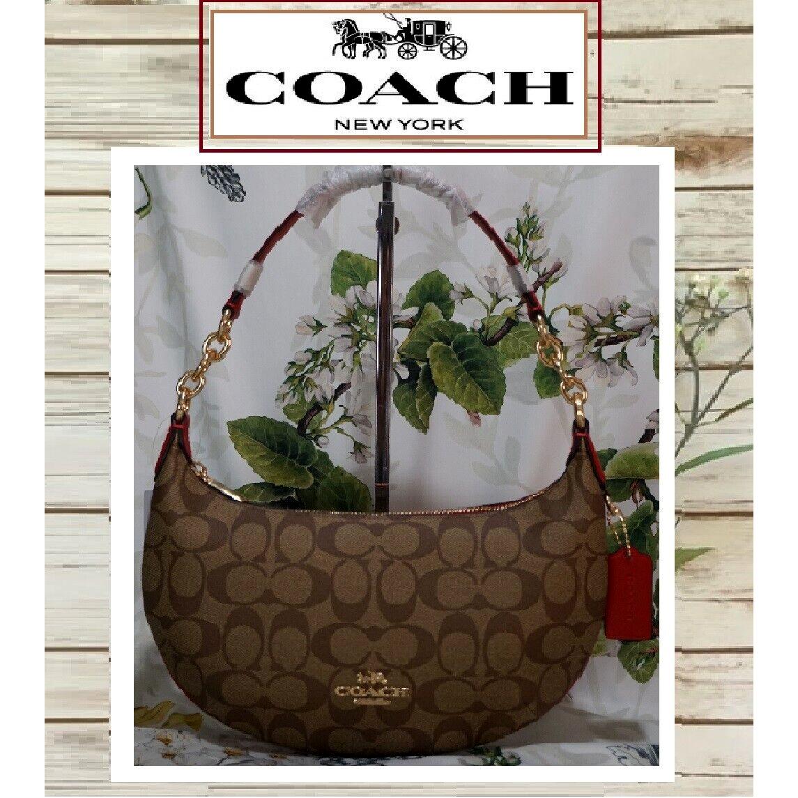 Coach Payton CE620 Sig Hobo Shoulder Bag In Khaki Electric Red Leather Gold