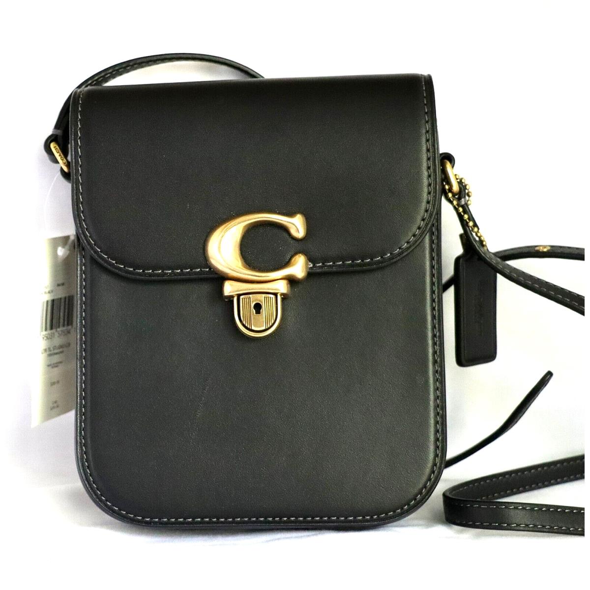 Coach Smooth Black Leather Small Tall Crossbody Shoulder Bag Brass CA057