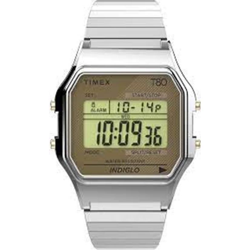 Timex T80 Digital Display 34mm Stainless Steel Band Men`s Wrist Watch TW2V19100