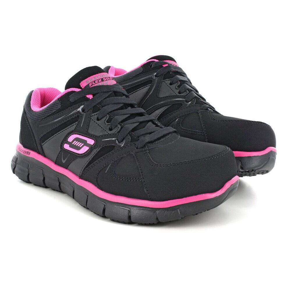 Womens Skechers Work Alloy Toe Synergy Black Slip Resistant Leather Shoes