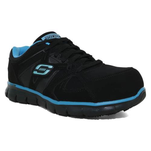 Womens Skechers Work Alloy Toe Synergy Black Blue Resistant Leather Shoes