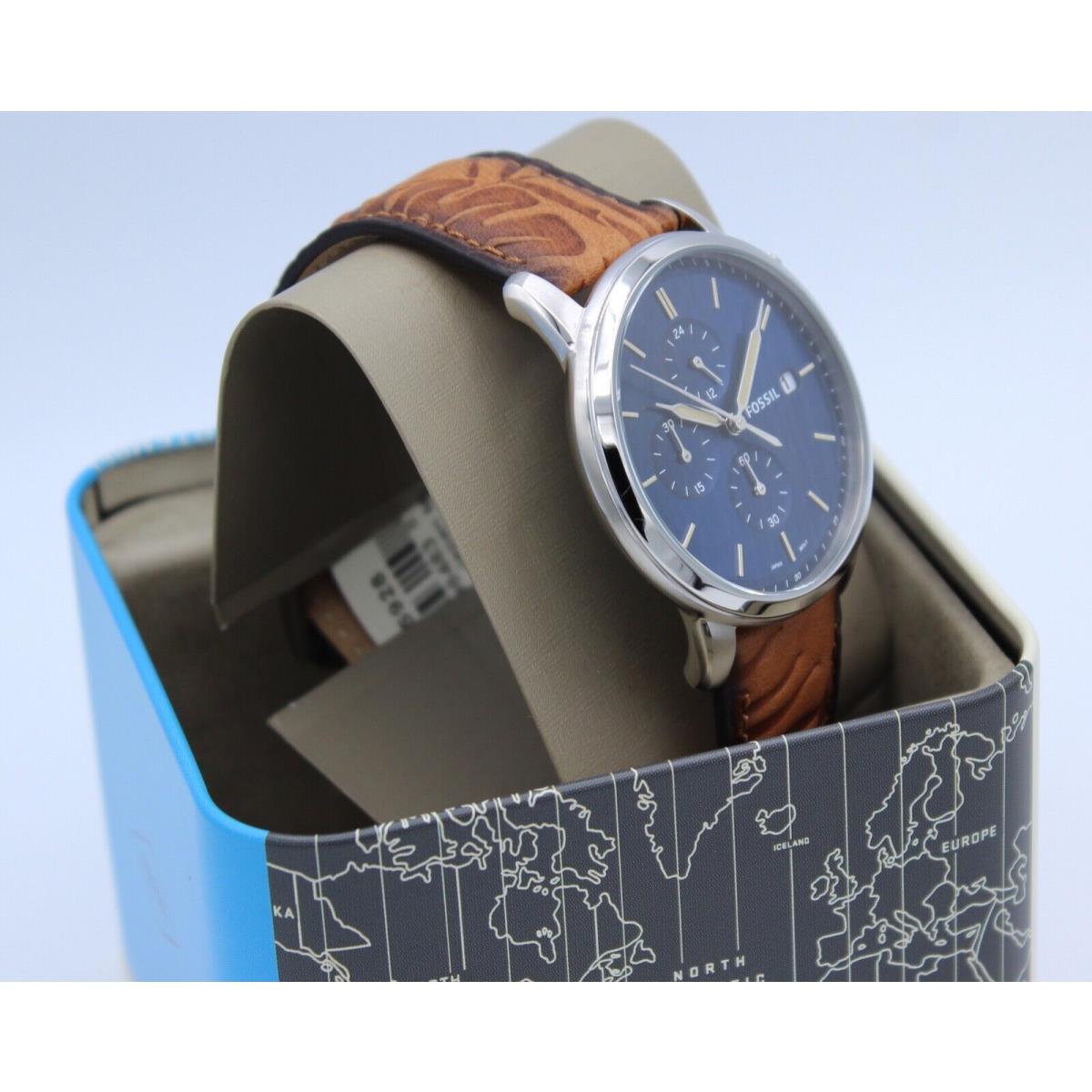 Fossil Minimalist Silver Blue Brown Leather Men FS5928 Watch | 796483573932  - Fossil watch Minimalist - Blue Dial, Brown Band, Silver Bezel | Fash  Direct | Quarzuhren