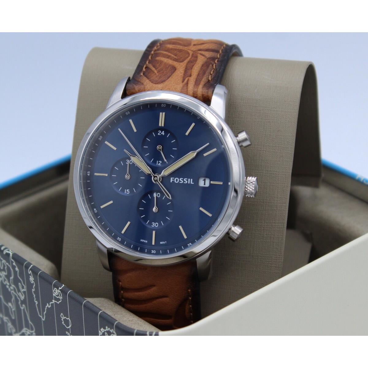 Fossil Minimalist Silver Blue Brown Leather Men FS5928 Watch