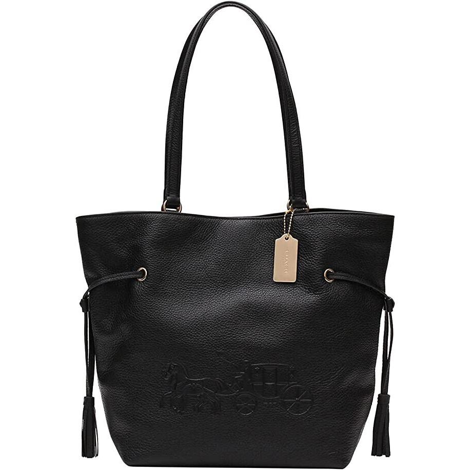 Coach Womens Black Horse Carriage Embossed Leather Drawstring Tote Bag 8826-8