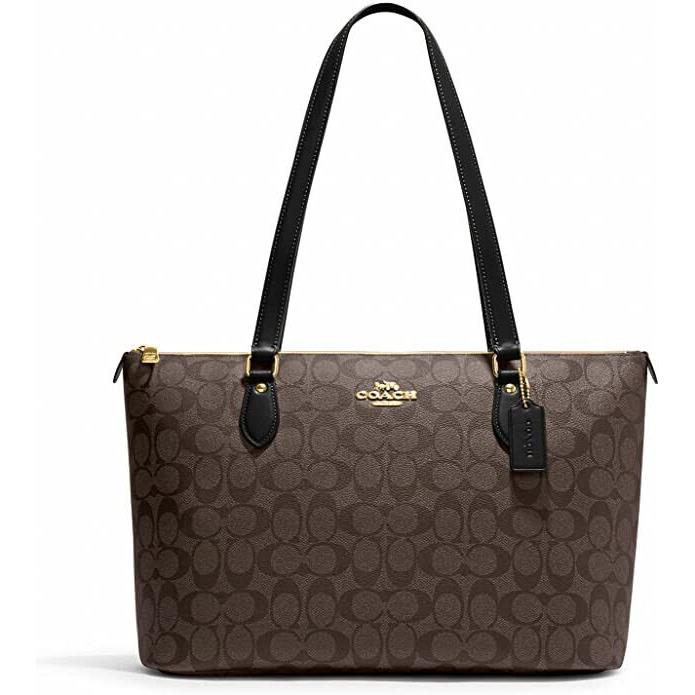 Coach Womens Brown Black Signature Print Leather Gallery Tote Bag 8819-8 - Brown Handle/Strap, Gold Hardware, Brown Exterior