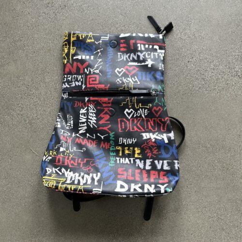 Dkny Tilly Fold Over Backpack Graffiti Logo Black Multicolor