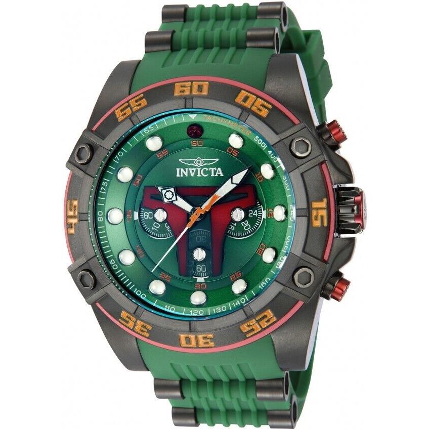 Invicta Men`s 52mm Star Wars Boba Fett Chronograph Limited Edition SS Watch - Dial: Green, Red, Band: Black, Green, Bezel: Black, Orange