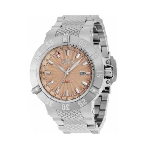Invicta Men`s Watch Subaqua Round Stainless Steel Diver Rose Dial Gmt Swiss M - Dial: Blue, Band: Silver, Bezel: Silver