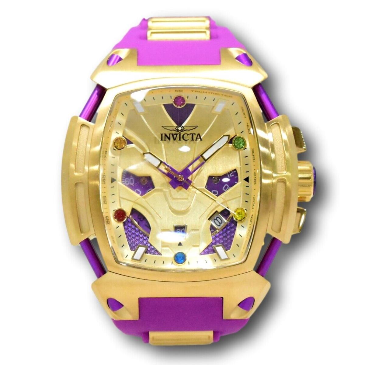 Invicta Marvel Thanos Infinity Stones Men`s 53mm Limited Chronograph Watch 42043 - Dial: Gold Multicolor Purple Yellow, Band: Purple, Bezel: Gold Yellow