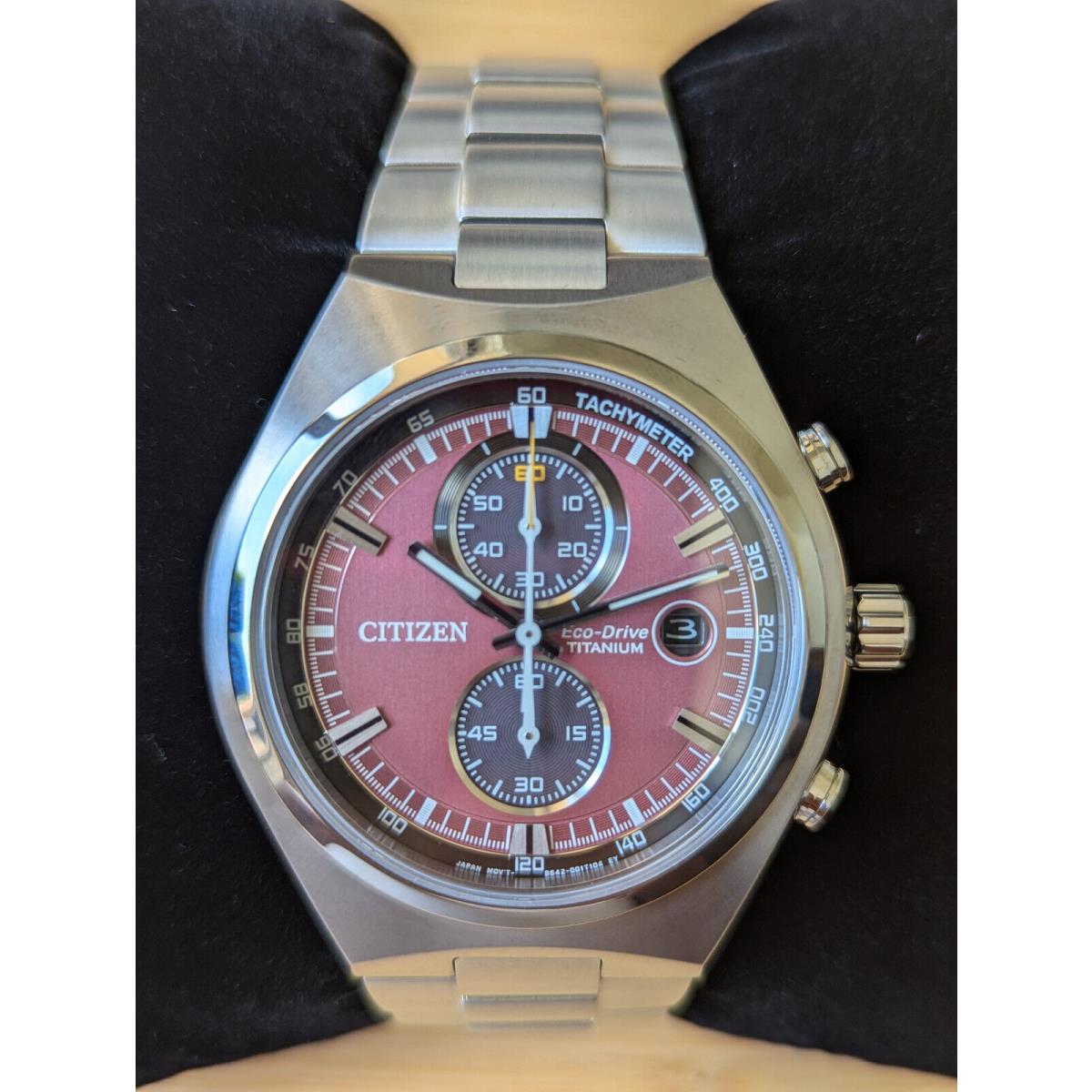 Citizen Super Titanium Red Dial Chronograph Sapphire Men`s Watch Date CA7090-87X