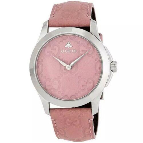 Gucci G-timeless 38MM Womens Pink Leather Silver Tone Watch YA1264030 w/ Box